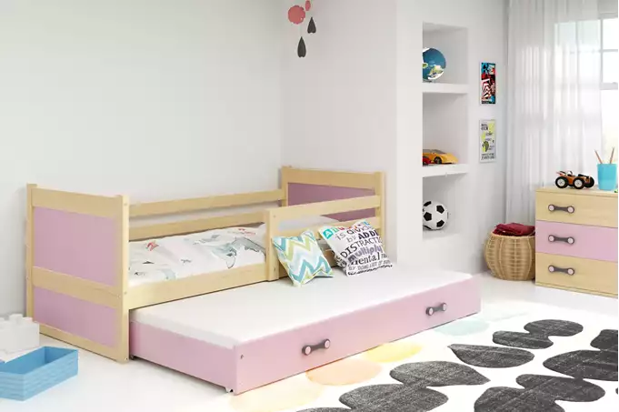 Visualisering av Utdragbar juniorsprängsäng RICO 90x190 med madrass och låda, furu/rosa