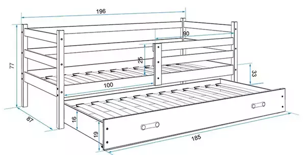 Storlek på Utdragbar tonårssäng ERYK 80X190 med madrass och låda, furu/vit