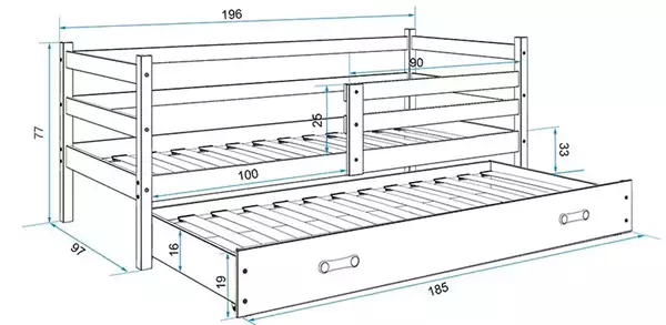 Storlek på Utdragbar tonårssäng ERYK 90X190 med madrass och låda, furu/rosa
