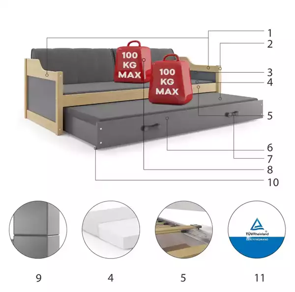 Beståndsdelar för Utdragbar ungdomssäng DAWID 90X200 med madrass och låda, furu/grafit Beståndsdelar för Utdragbar ungdomssäng DAWID 90X200 med madrass och låda, furu/grafit