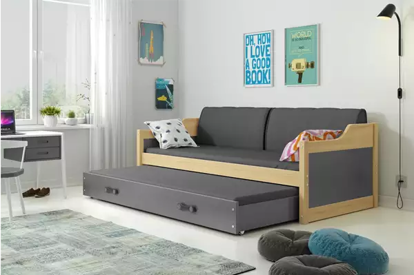 Visualisering av Utdragbar ungdomssäng DAWID 90X200 med madrass och låda, furu/grafit Visualisering av Utdragbar ungdomssäng DAWID 90X200 med madrass och låda, furu/grafit