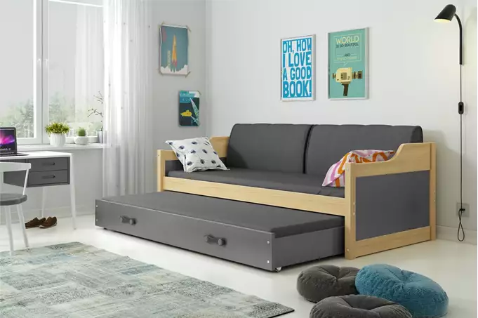 Visualisering av Utdragbar ungdomssäng DAWID 90X200 med madrass och låda, furu/grafit