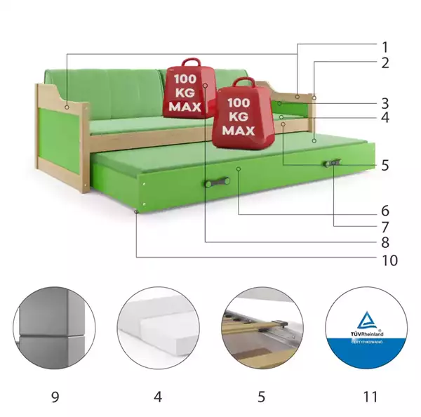 Beståndsdelar för Utdragbar ungdomssäng DAWID 90x200 med madrass och låda, furu/grön