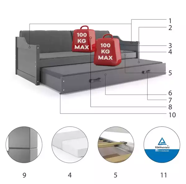 Beståndsdelar för Utdragbar ungdomssäng DAWID 90X200 med madrass och låda, grafit Beståndsdelar för Utdragbar ungdomssäng DAWID 90X200 med madrass och låda, grafit