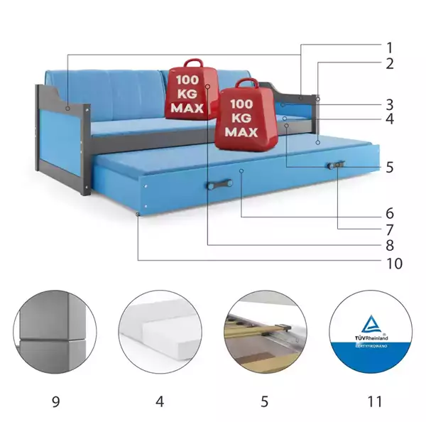 Beståndsdelar för Utdragbar ungdomssäng DAWID 90X200 med madrass och låda, grafit/blå