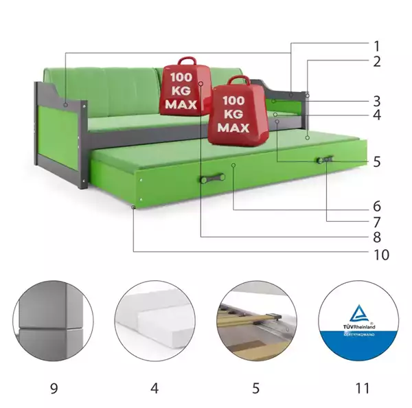 Beståndsdelar för Utdragbar ungdomssäng DAWID 90X200 med madrass och låda, grafit/grön Beståndsdelar för Utdragbar ungdomssäng DAWID 90X200 med madrass och låda, grafit/grön