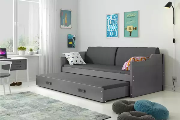 Visualisering av Utdragbar ungdomssäng DAWID 90X200 med madrass och låda, grafit Visualisering av Utdragbar ungdomssäng DAWID 90X200 med madrass och låda, grafit