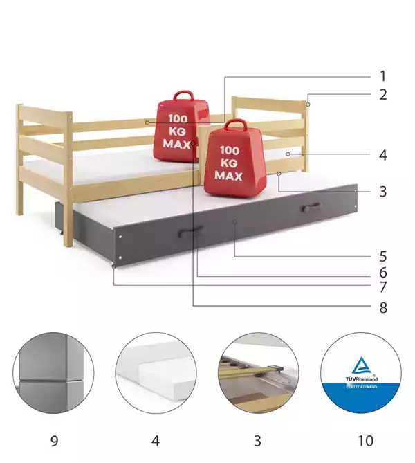 Beståndsdelar för Utdragbar ungdomssäng ERYK 80X190 med låda, furu/grafit