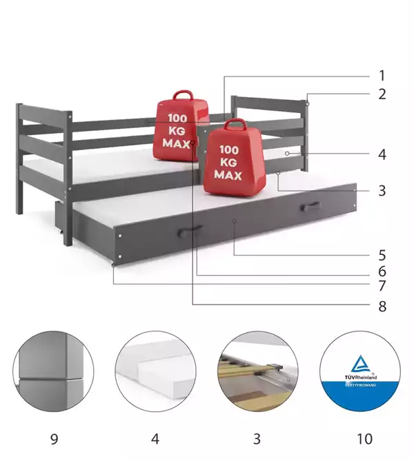 Beståndsdelar för Utdragbar ungdomssäng ERYK 80X190 med madrass och låda, grafit Beståndsdelar för Utdragbar ungdomssäng ERYK 80X190 med madrass och låda, grafit