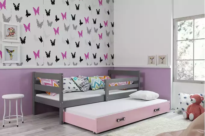 Visualisering av Utdragbar ungdomssäng ERYK 80X190 med madrass och låda, grafit/rosa