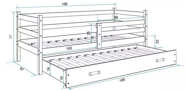 Storlek på Utdragbar ungdomssäng ERYK 90X190 med låda, vit/blå Storlek på Utdragbar ungdomssäng ERYK 90X190 med låda, vit/blå