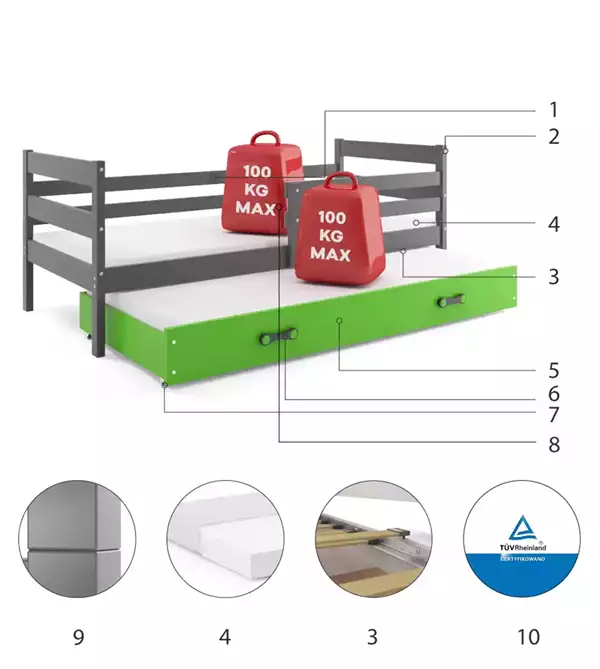 Beståndsdelar för Utdragbar ungdomssäng ERYK 90X200 med låda, grafit/grön Beståndsdelar för Utdragbar ungdomssäng ERYK 90X200 med låda, grafit/grön