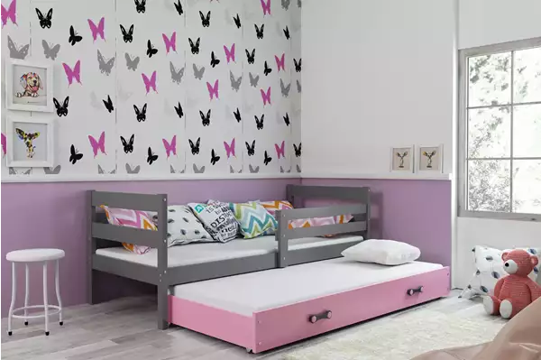Visualisering av Utdragbar ungdomssäng ERYK 90X200 med låda, grafit/rosa