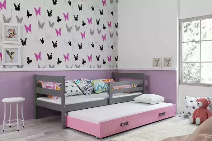 Visualisering av Utdragbar ungdomssäng ERYK 90X200 med låda, grafit/rosa