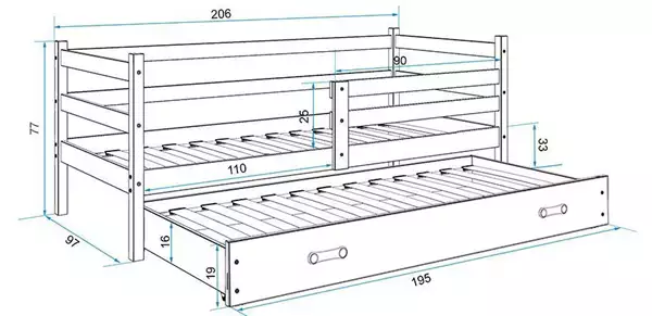 Storlek på Utdragbar ungdomssäng ERYK 90X200 med låda, vit/grafit