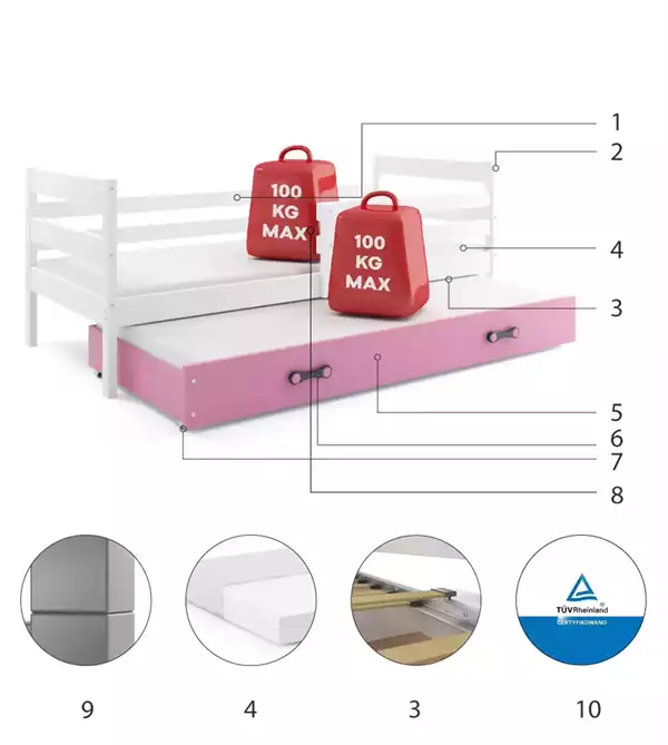 Beståndsdelar för Utdragbar ungdomssäng ERYK 90X200 med låda, vit/rosa