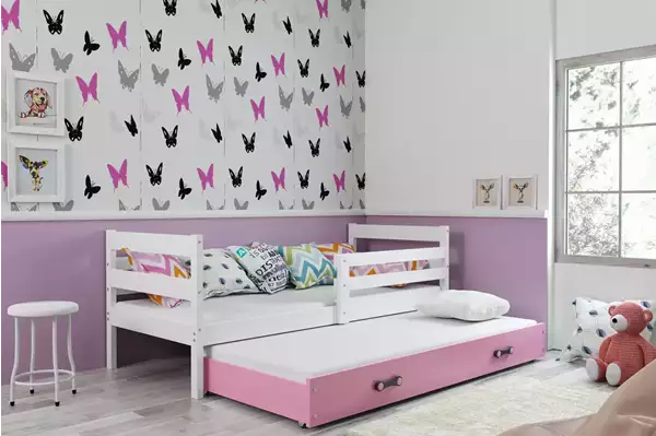 Visualisering av Utdragbar ungdomssäng ERYK 90X200 med låda, vit/rosa