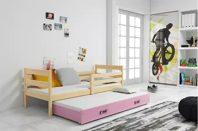 Visualisering av Utdragbar ungdomssäng ERYK 90X200 med madrass och låda, furu/rosa