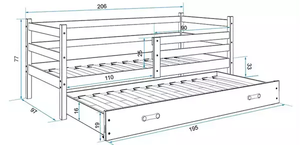 Storlek på Utdragbar ungdomssäng ERYK 90X200 med madrass och låda, grafit/blå