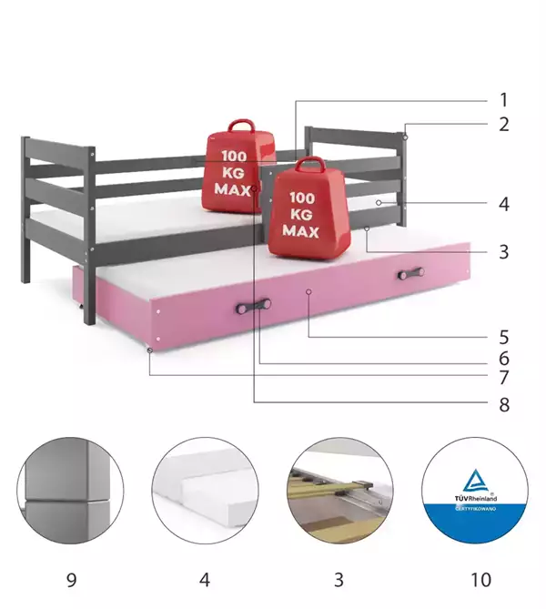 Beståndsdelar för Utdragbar ungdomssäng ERYK 90X200 med madrass och låda, grafit/rosa