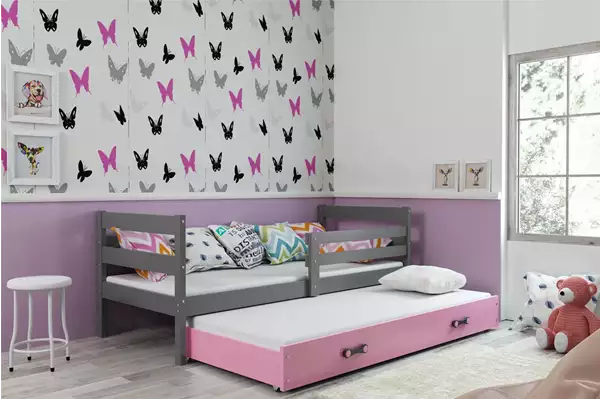Visualisering av Utdragbar ungdomssäng ERYK 90X200 med madrass och låda, grafit/rosa
