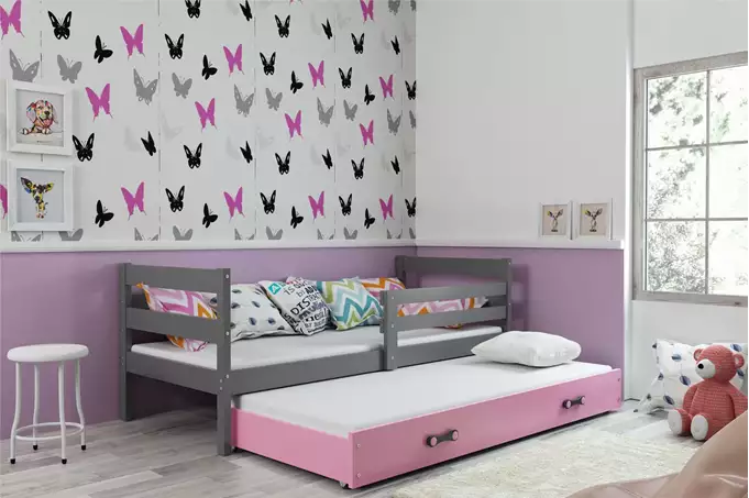 Visualisering av Utdragbar ungdomssäng ERYK 90X200 med madrass och låda, grafit/rosa