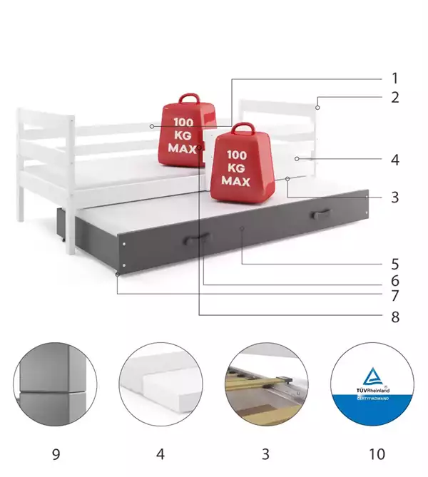 Beståndsdelar för Utdragbar ungdomssäng ERYK 90X200 med madrass och låda, vit/grafit Beståndsdelar för Utdragbar ungdomssäng ERYK 90X200 med madrass och låda, vit/grafit