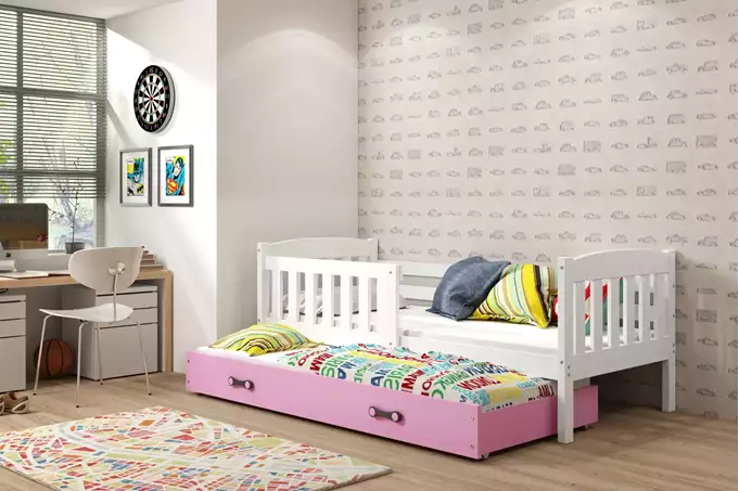 Visualisering av Utdragbar ungdomssäng KUBUŚ 90X200 med låda, vit/rosa