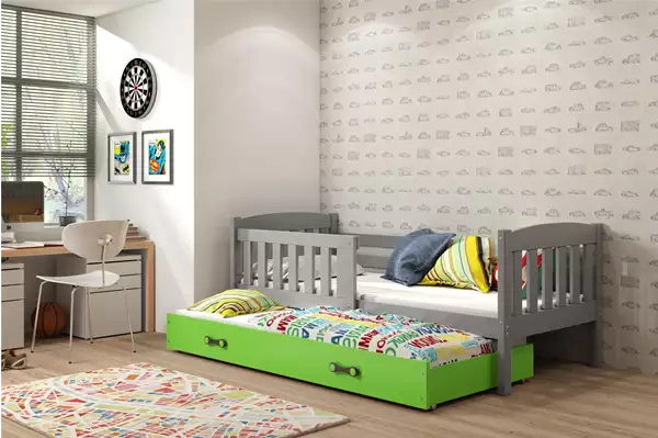 Visualisering av Utdragbar ungdomssäng KUBUŚ 90X200 med madrass och låda, grafit/grön