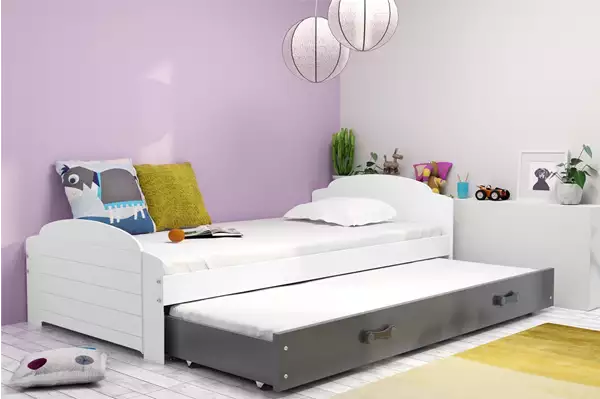 Visualisering av Utdragbar ungdomssäng LILI 90X200 med låda, vit/grafit Visualisering av Utdragbar ungdomssäng LILI 90X200 med låda, vit/grafit