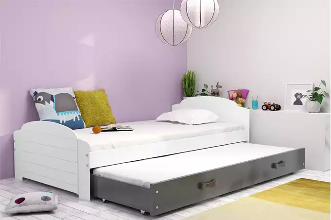 Visualisering av Utdragbar ungdomssäng LILI 90X200 med låda, vit/grafit