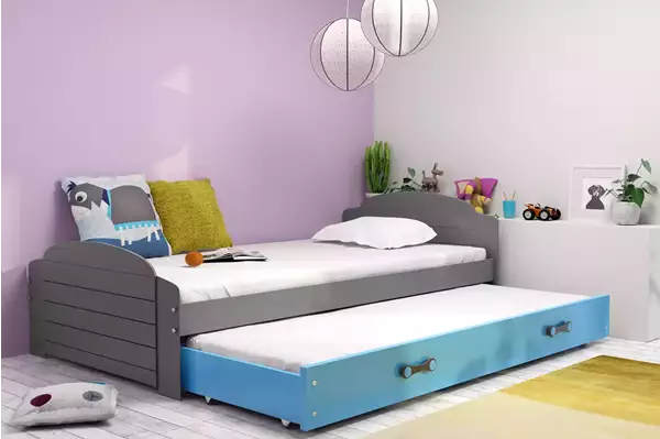 Visualisering av Utdragbar ungdomssäng LILI 90X200 med madrass och låda, grafit/blå