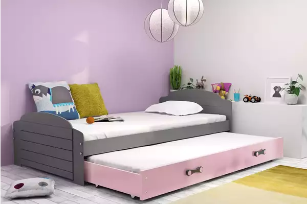 Visualisering av Utdragbar ungdomssäng LILI 90X200 med madrass och låda, grafit/rosa