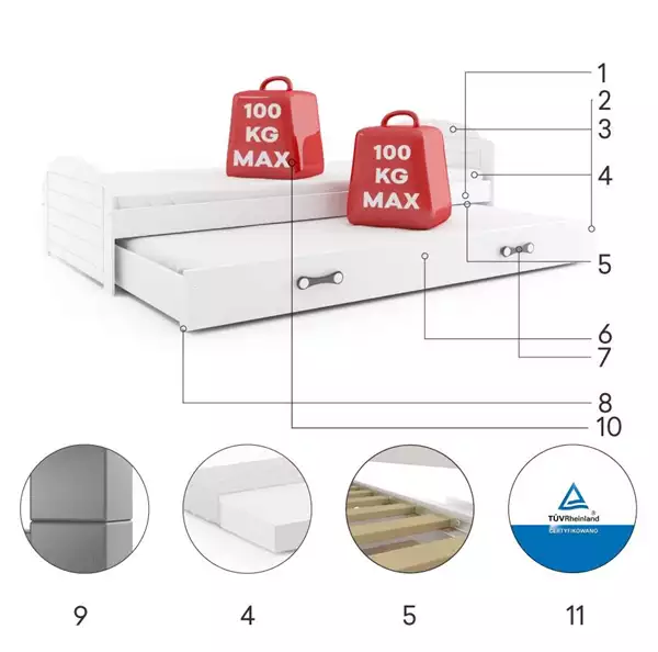 Beståndsdelar för Utdragbar ungdomssäng LILI 90X200 med madrass och låda, vit Beståndsdelar för Utdragbar ungdomssäng LILI 90X200 med madrass och låda, vit