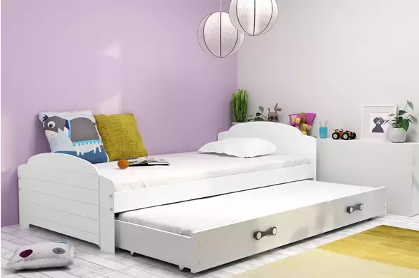Visualisering av Utdragbar ungdomssäng LILI 90X200 med madrass och låda, vit Visualisering av Utdragbar ungdomssäng LILI 90X200 med madrass och låda, vit