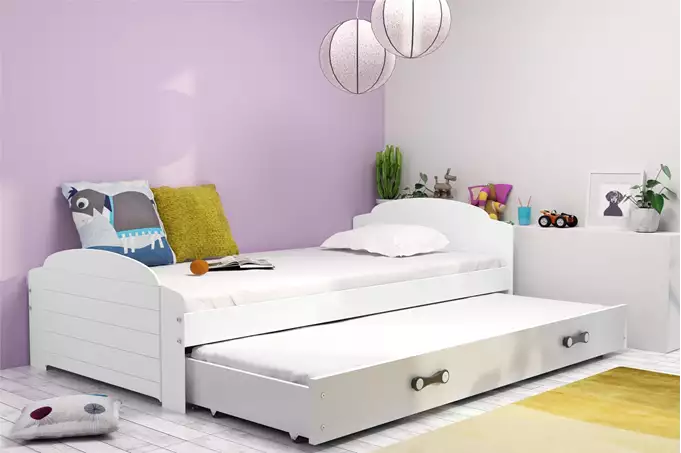 Visualisering av Utdragbar ungdomssäng LILI 90X200 med madrass och låda, vit