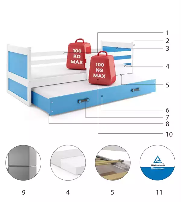 Beståndsdelar för Utdragbar ungdomssäng RICO 80X190 med låda, vit/blå Beståndsdelar för Utdragbar ungdomssäng RICO 80X190 med låda, vit/blå