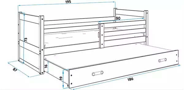 Storlek på Utdragbar ungdomssäng RICO 80X190 med låda, vit/grafit