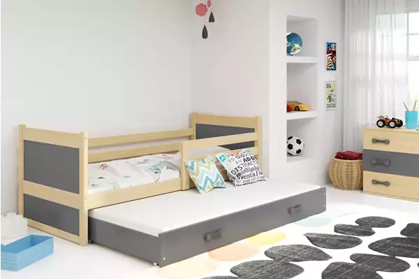 Visualisering av Utdragbar ungdomssäng RICO 80X190 med madrass och låda, furu/grafit