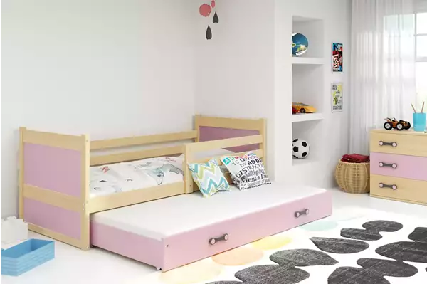 Visualisering av Utdragbar ungdomssäng RICO 90X190 med låda, furu/rosa Visualisering av Utdragbar ungdomssäng RICO 90X190 med låda, furu/rosa