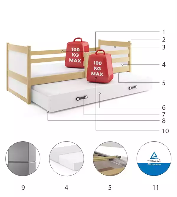Beståndsdelar för Utdragbar ungdomssäng RICO 90X190 med låda, furu/vit Beståndsdelar för Utdragbar ungdomssäng RICO 90X190 med låda, furu/vit
