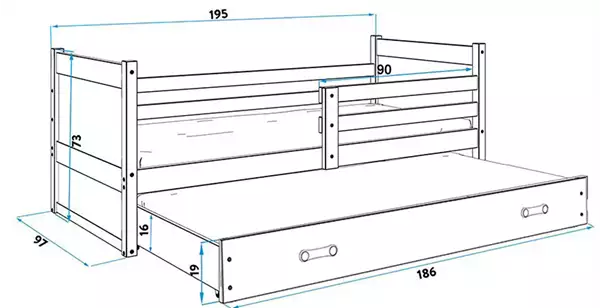 Storlek på Utdragbar ungdomssäng RICO 90X190 med låda, vit/rosa