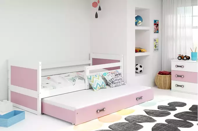 Visualisering av Utdragbar ungdomssäng RICO 90X190 med låda, vit/rosa