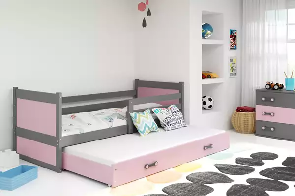 Visualisering av Utdragbar ungdomssäng RICO 90x190 med madrass och låda, grafit/rosa