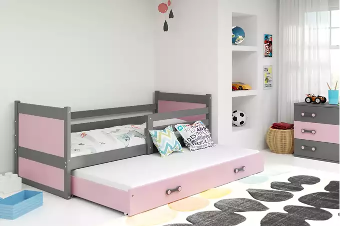 Visualisering av Utdragbar ungdomssäng RICO 90x190 med madrass och låda, grafit/rosa