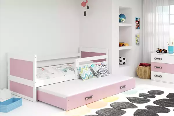 Visualisering av Utdragbar ungdomssäng RICO 90X190 med madrass och låda, vit/rosa