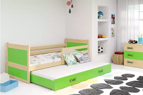 Visualisering av Utdragbar ungdomssäng RICO 90X200 med låda, furu/grön Visualisering av Utdragbar ungdomssäng RICO 90X200 med låda, furu/grön