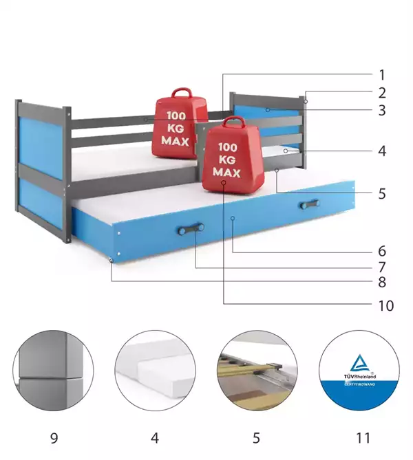 Beståndsdelar för Utdragbar ungdomssäng RICO 90X200 med låda, grafit/blå Beståndsdelar för Utdragbar ungdomssäng RICO 90X200 med låda, grafit/blå