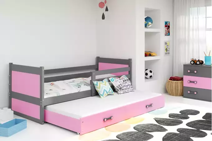 Visualisering av Utdragbar ungdomssäng RICO 90X200 med låda, grafit/rosa