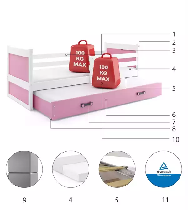 Beståndsdelar för Utdragbar ungdomssäng RICO 90X200 med låda, vit/rosa Beståndsdelar för Utdragbar ungdomssäng RICO 90X200 med låda, vit/rosa